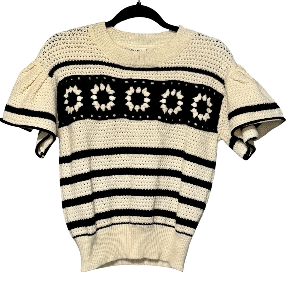 BIBI Floral Crochet Ruffle Flutter Sleeve Striped Cottagecore Sweater Blouse Top - Picture 2 of 11